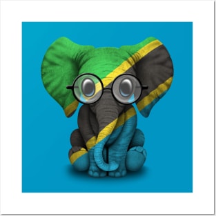 Baby Elephant with Glasses and Tanzanian Flag Posters and Art